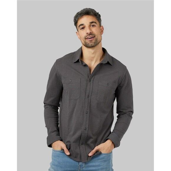 32 Degrees Mens Long Sleeve Soft Knit 100% Cotton Button-Up Shirt Stretch Gray M - Picture 2 of 5